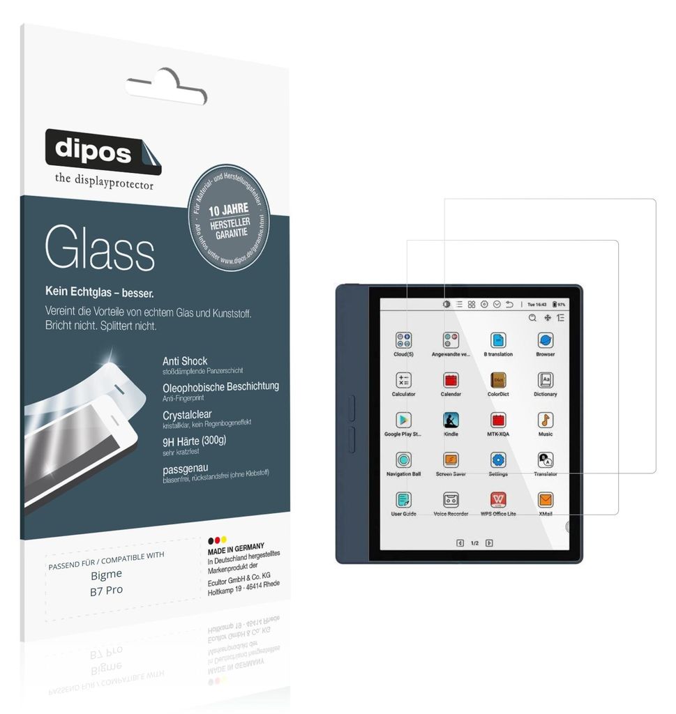 2x Schutzfolie für Bigme B7 Pro - Anti-Shock 9H Folie dipos Glass Kunststoffglas