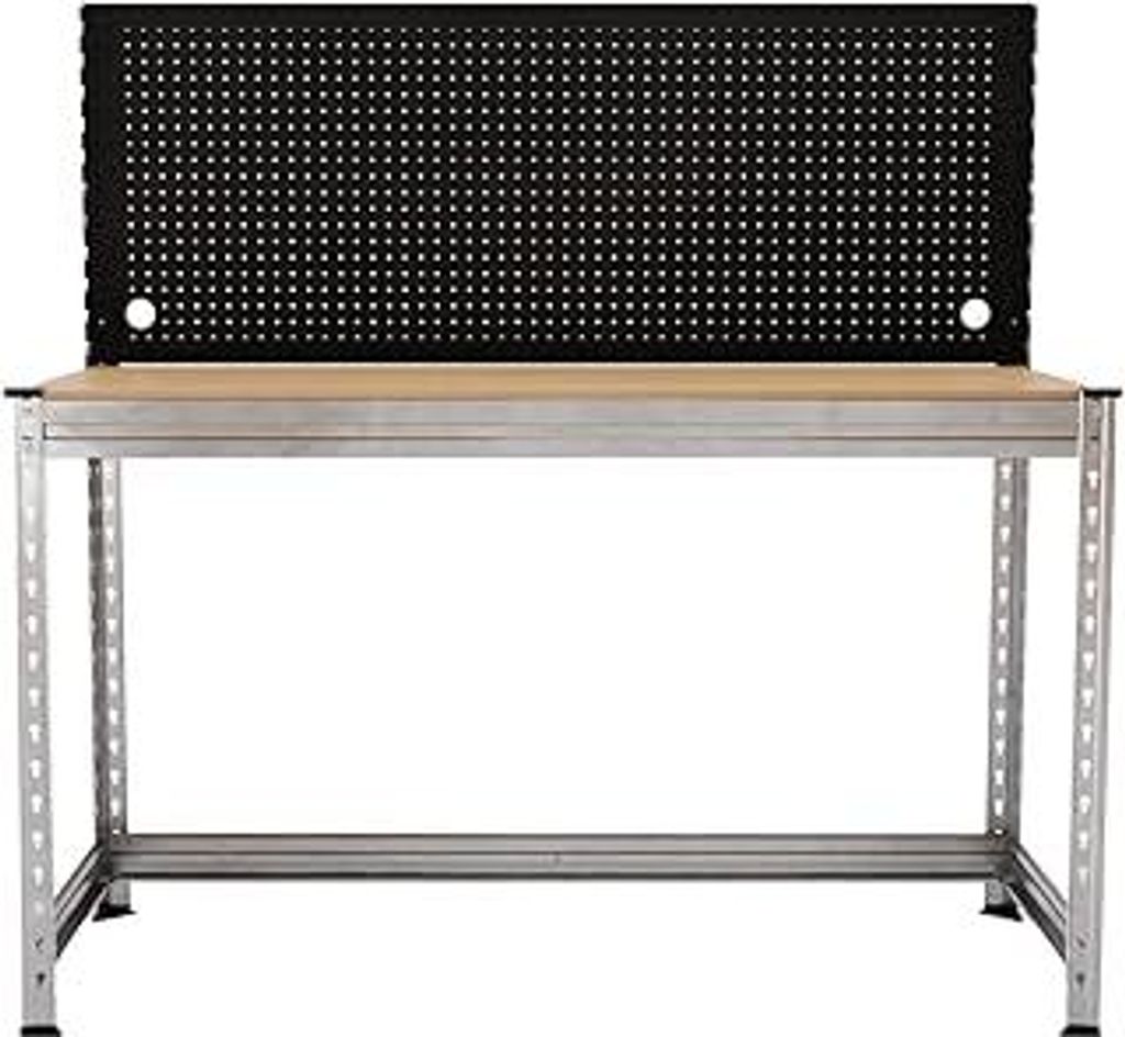 Werkbank mit Stecktafel 150x150x60 cm – Traglast 300?kg – verzinkter Stahlrahmen – DTD-Arbeitsplatte 18?mm – werkzeuglose Montage – mit L...