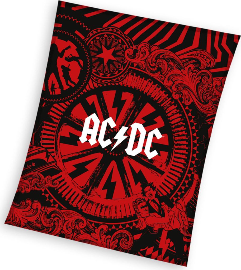 The image shows a close-up of a blanket with the AC/DC logo and a graphic design.