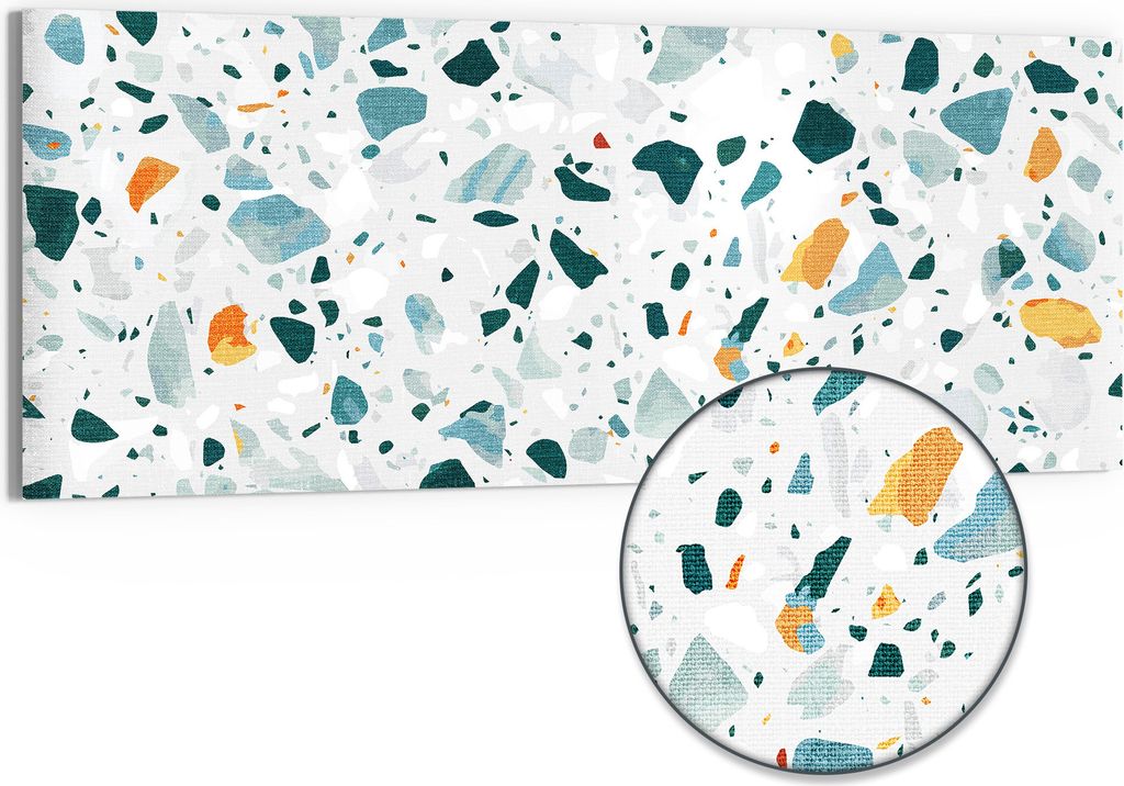 DEQORI Hybrid Leinwand Bild 150x60 cm 'Bunter Terrazzo-Trend' Wandbild Glas flach modern