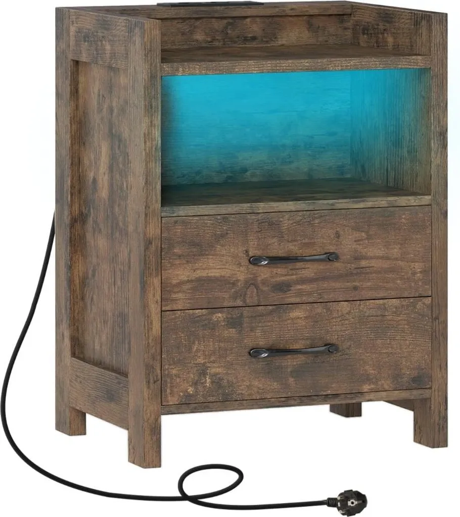 Table de chevet LED marron : fini les câbles emmêlés avec les 2 tiroirs