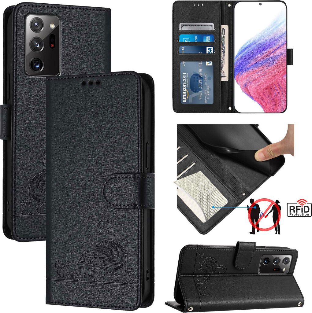 Leder Hülle für Samsung Galaxy Note 20 Ultra 5G Süße Katze Flip Case Brieftasche Schutzhülle mit Standfunktion Schwarz