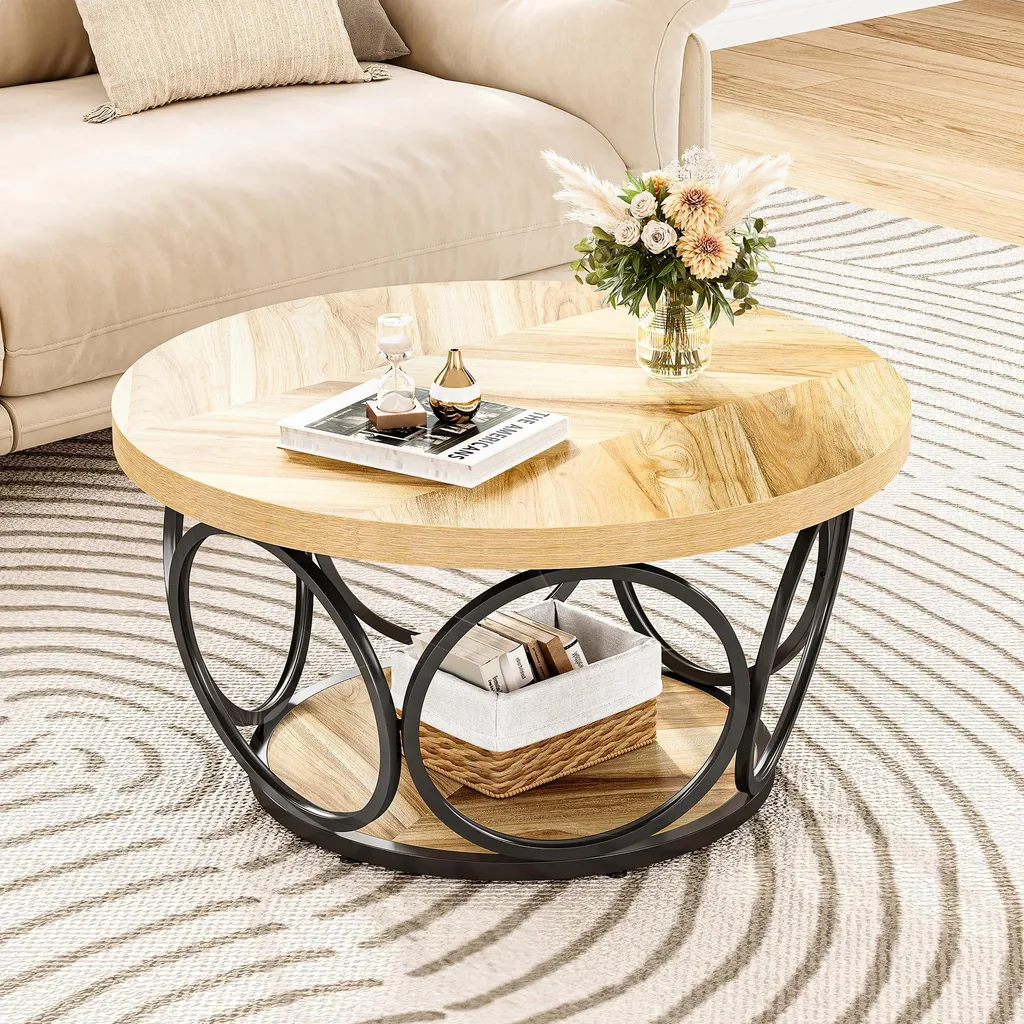 Table Basse Ronde 80 cm de Style Rustique Marron avec Double Tablette