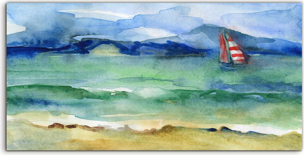 Coloray Spritzschutz aus Glas 100x50 Wandkunst Küchenrückwand Meer Aquarell Schiff Wasser und Segel