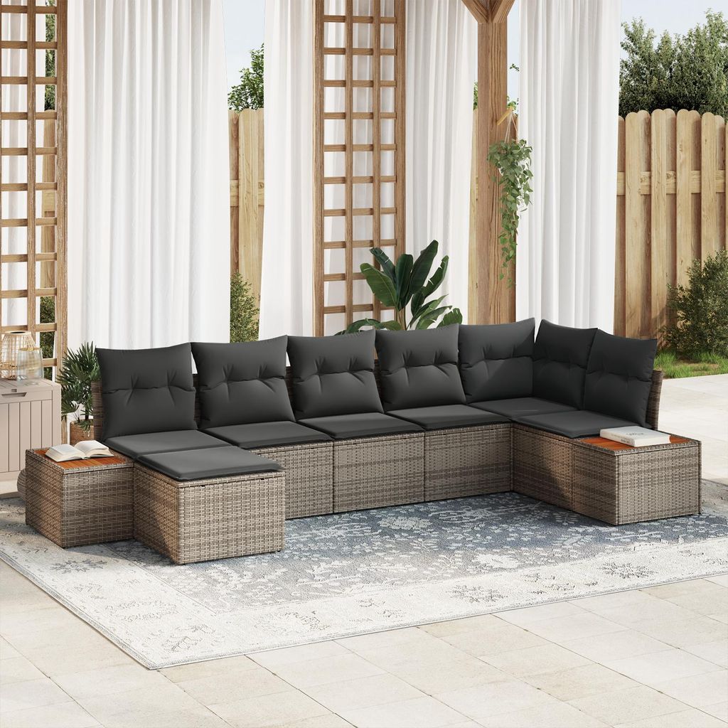 Eleganten-Stil Gartenlounge Set 7-Teiliges Garten-Sofa-Set mit Kissen Grau Poly Rattan Akazie - Terassenmöbel Gartenmöbel DE9059126