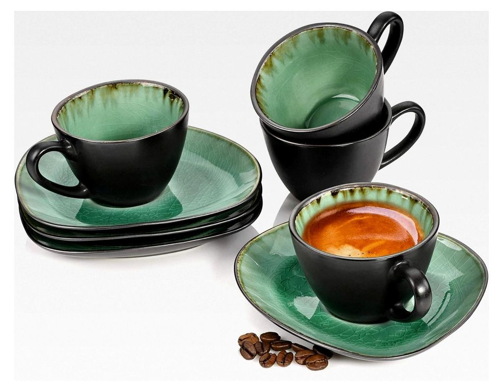 Espressotassen Set Palm Beach mit Untertassen, 8-teiliges Set aus Steingut, modernes Design, Fassungsvermögen 80 ml