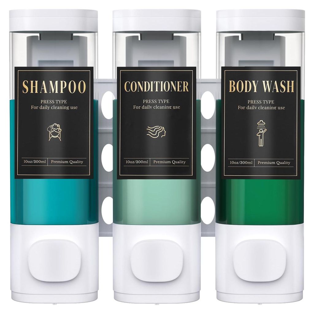 Shampoo- und Conditioner-Spender, wandmontierter Duschseifenspender zur bohrfreien Montage mit 3 Fächern und wasserfesten Etiketten, einfacher Sei...