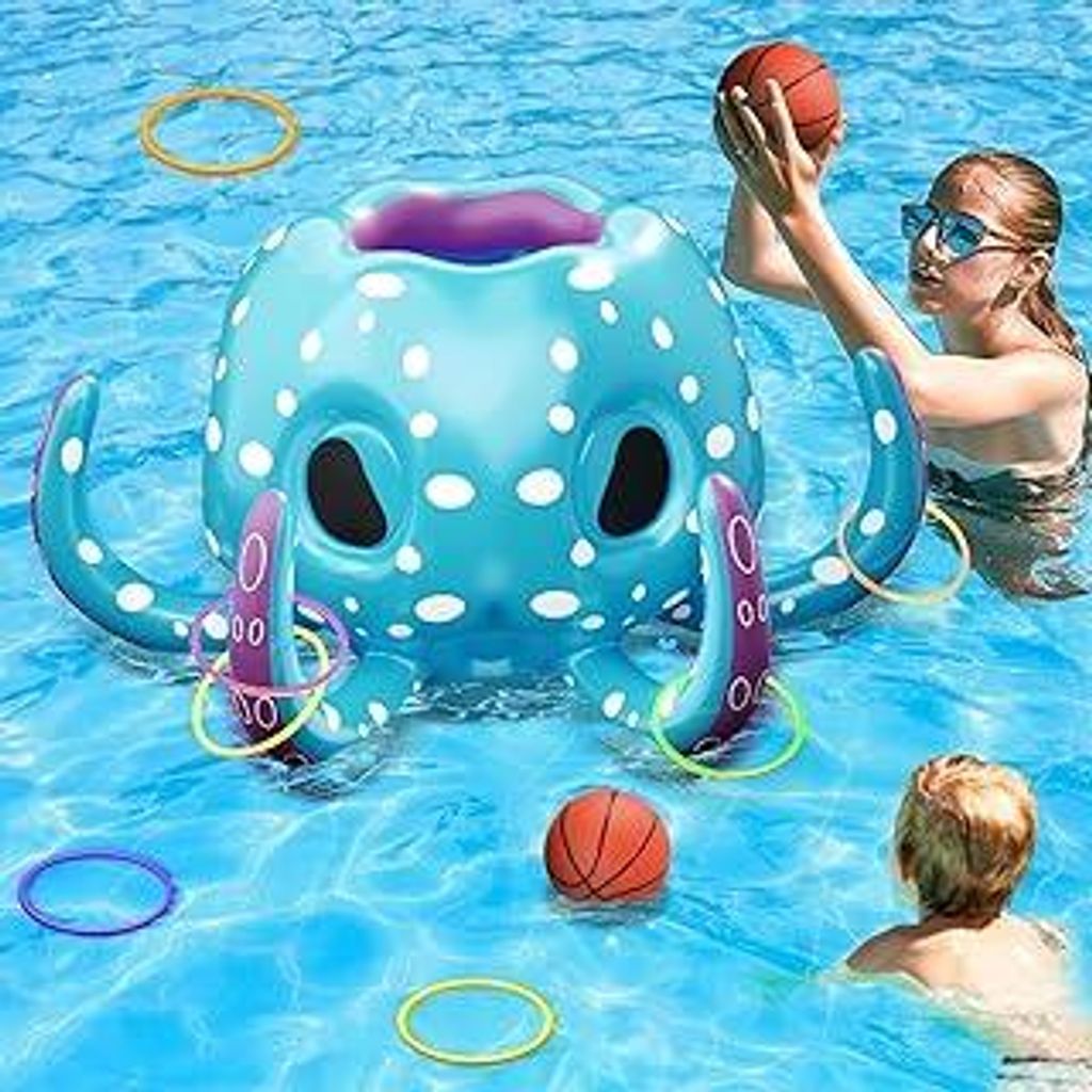 2-in-1 Pool Basketballkorb & Pool Ringwurfspiel, 80cm groß aufblasbares Oktopus, Aufblasbare Pool Spielzeug, Pool Wassersport Spielzeug, Schwimmba...