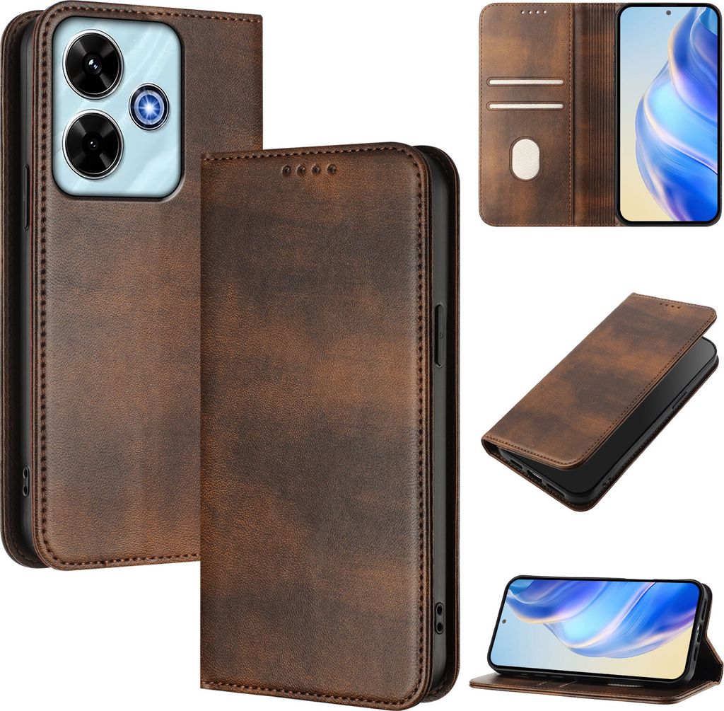 Handyhülle für Xiaomi Redmi 13/Poco M6 4G/Poco M6 Plus, Vintage Leder RFID Schutz Kartenfach Standfunktion Magnetische Klapphülle Braun
