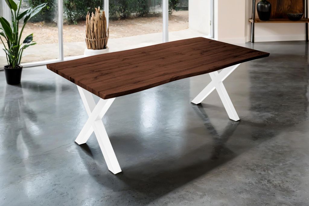 Esstisch Josy | 200 x 100 cm | Holz Nussbaum-Optik | X-Gestell Metall weiß | 40 mm Tischplatte mit Baumkante | Tisch für Esszimmer & Küche