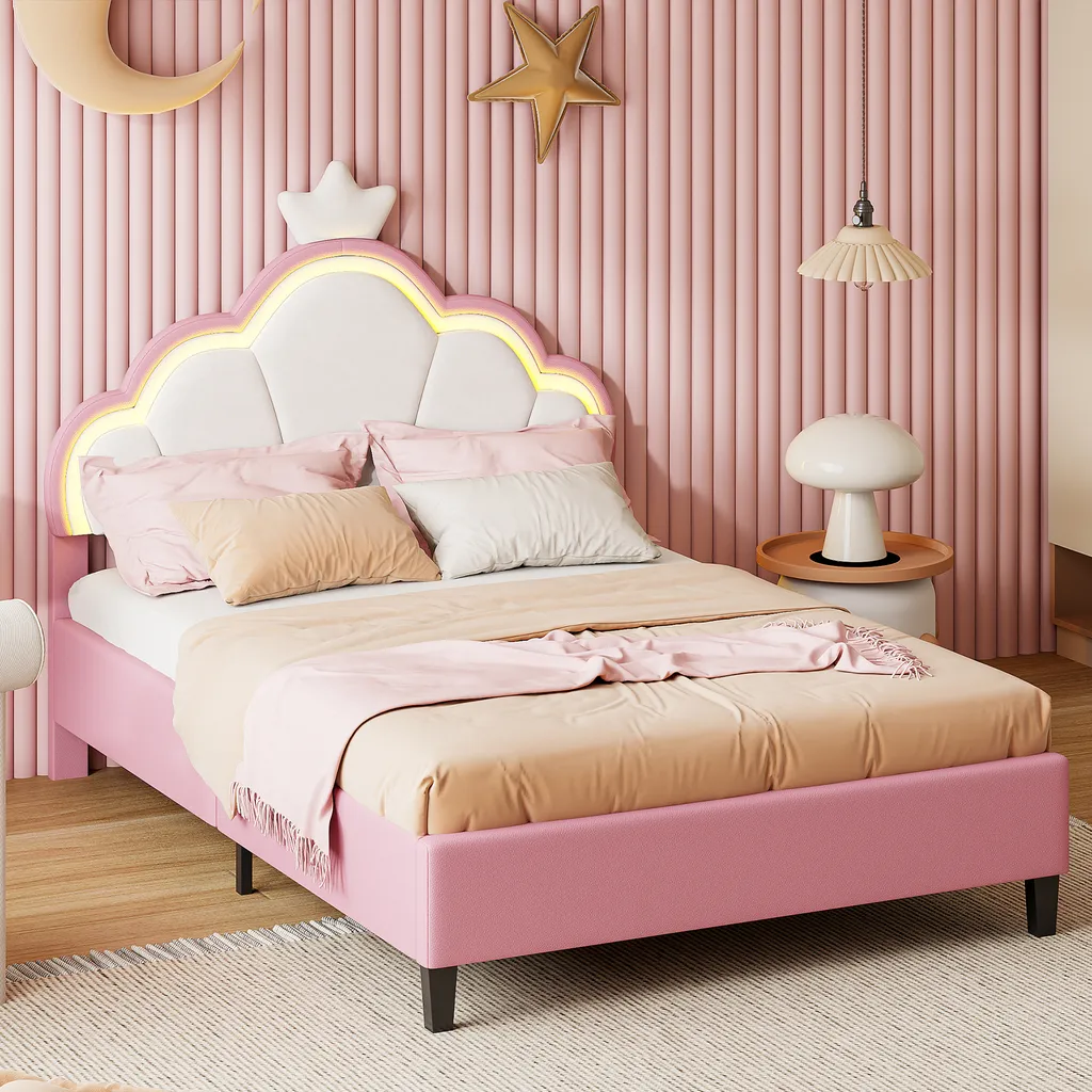 Lit double 140x200 rose pour chambre de fille avec éclairage intégré