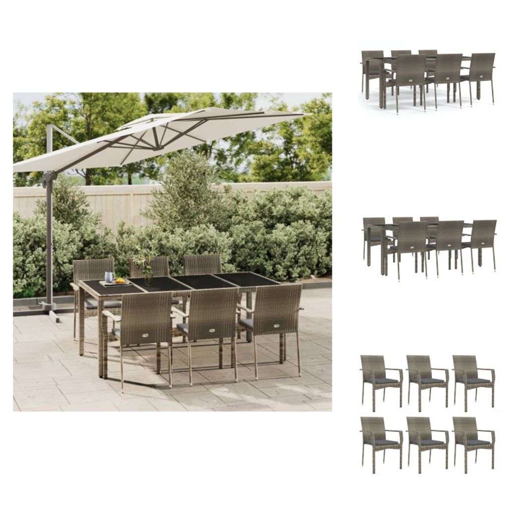 vidaXL 7-tlg. Garten-Essgruppe mit Kissen Grau Poly Rattan - Gartenmöbel-Sets