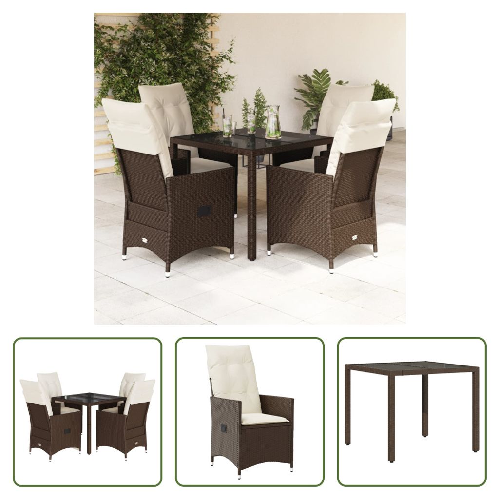 The Living Store 5-tlg. Garten-Essgruppe mit Kissen Braun Poly Rattan