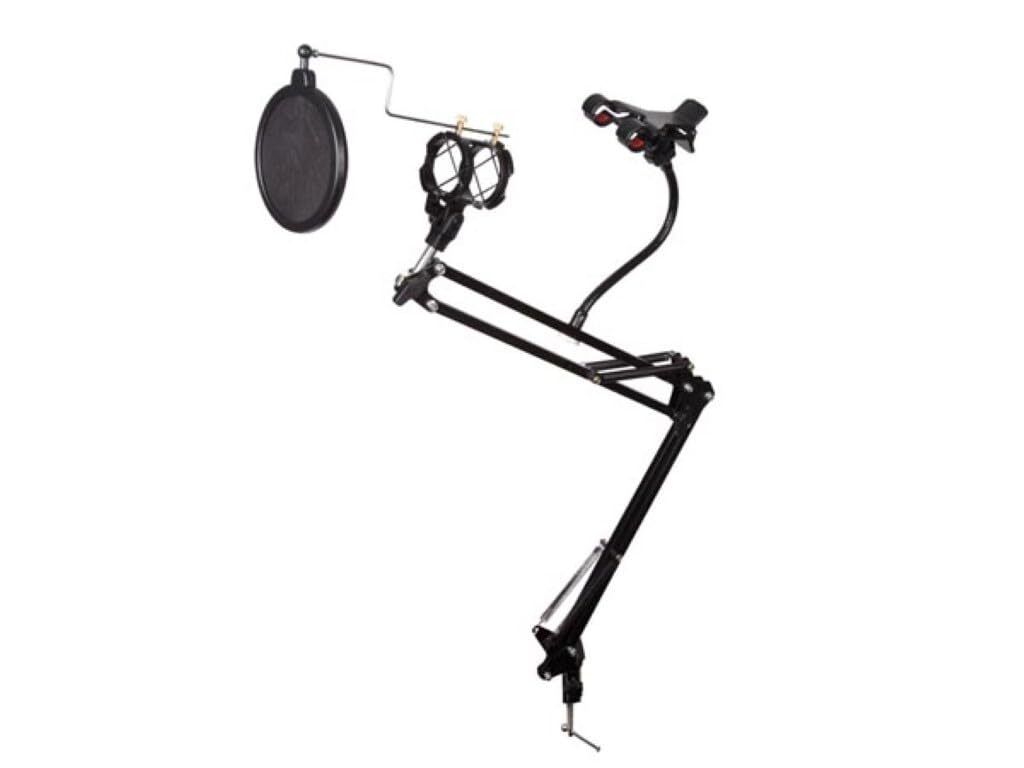 HQ-Power Mikrofontischstativ mit Handyhalter und Pop-Filter, 360° drehbar, Reichweite bis zu 70 cm