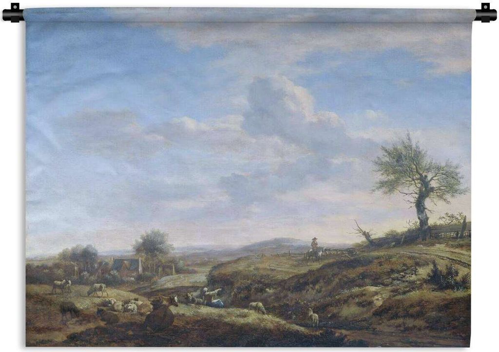 MuchoWow Wandteppich Wandbehang Hügellandschaft mit Hochstraße - Gemälde von Adriaen van de Velde 120x90 cm Tapisserie Dekoration Wandtuch - W...