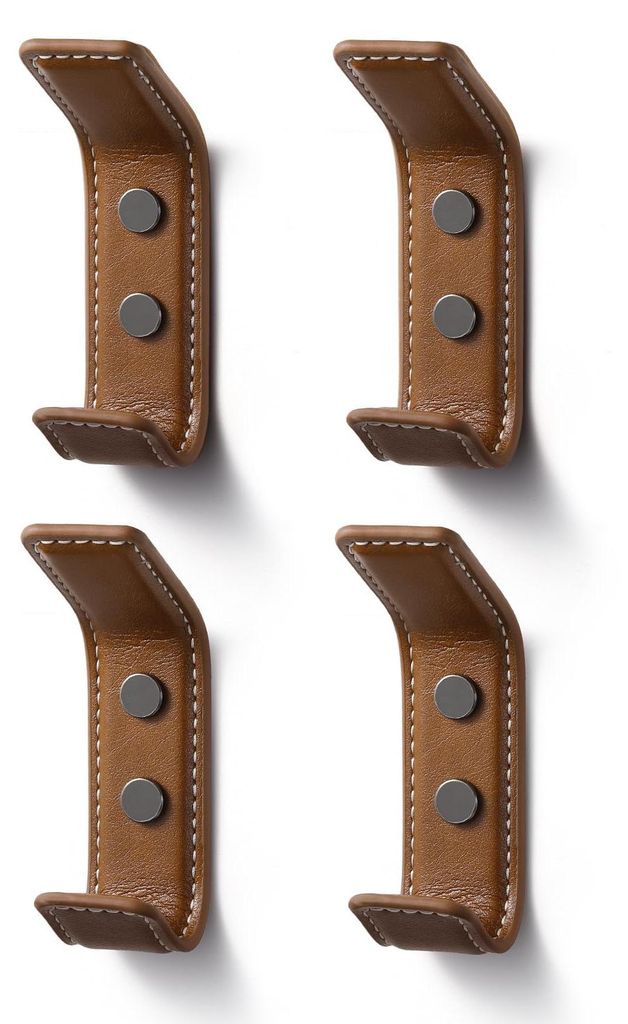 Set mit 4 braunen Leder-Wandhaken zum Aufhängen verschiedener Gegenstände. Rechteckige Haken, geeignet für Kleidung, Bademäntel, Handtücher, T...
