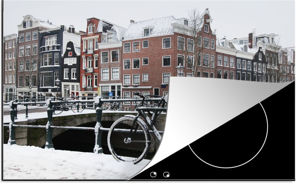 KitchenYeah Herdabdeckplatte Amsterdam - Fahrrad - Winter , 80x52cm, Küche Deko, Glaskeramikkochfeld Herdabdeckung, Abdeckplatte fùr Kochfeld