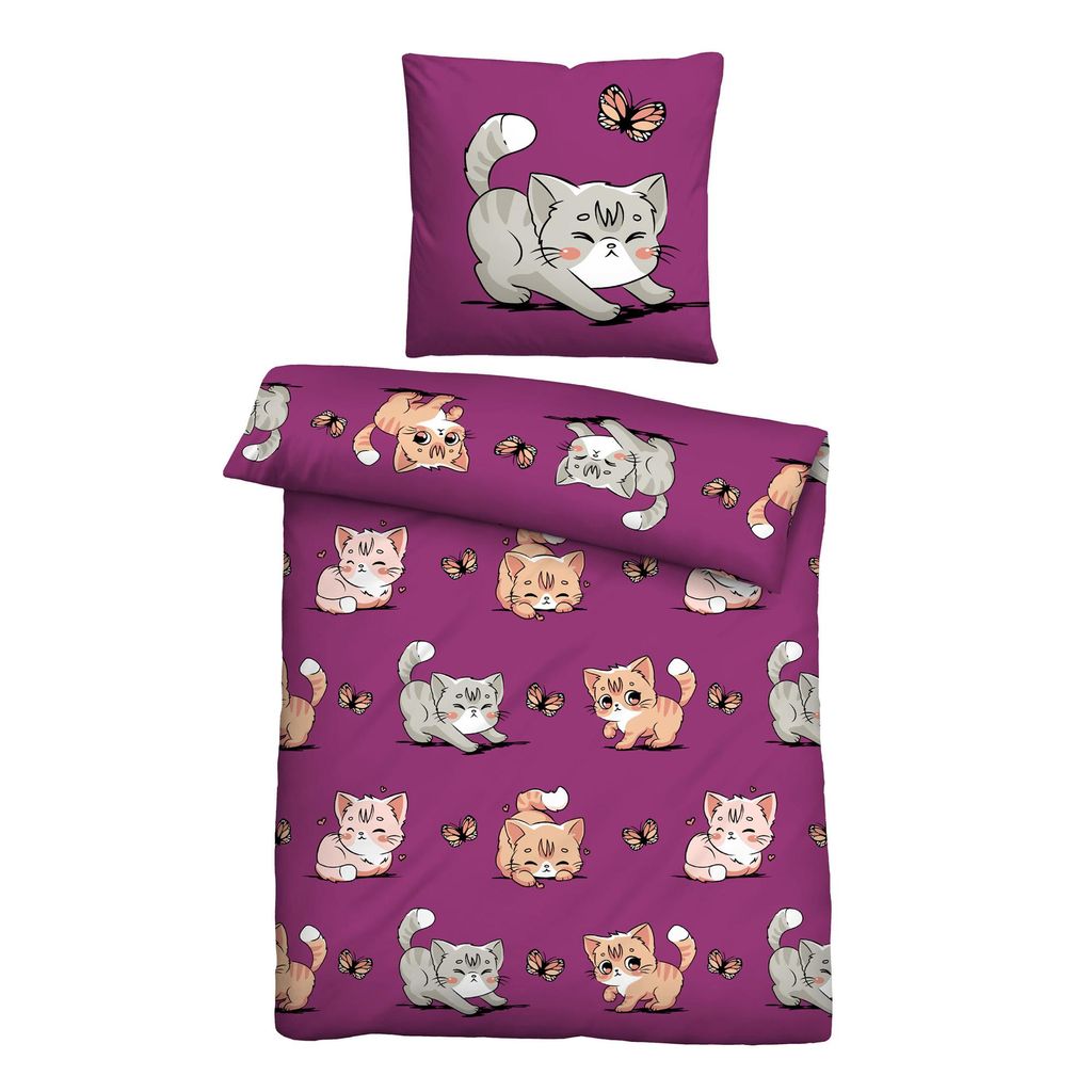 Bestlivings Bettwäsche-Set 2-tlg Bezug 135x200 cm + Kissenbezug 80x80 cm Standard, Microfaser Satin- Kinderbettwäsche mit Motiv Katze