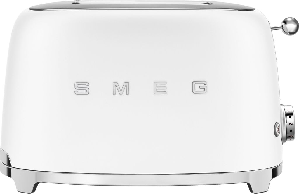 A white Smeg toaster is shown from the front.