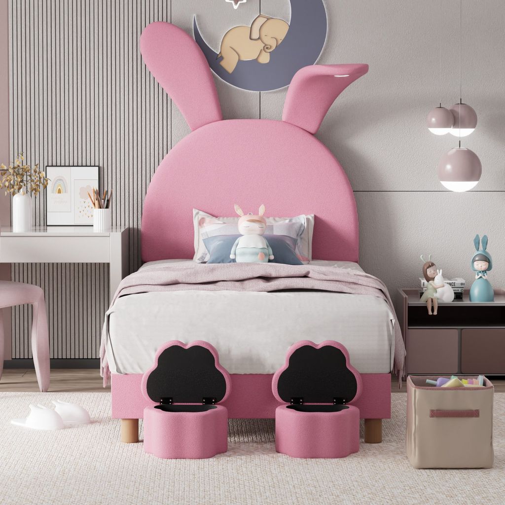Polsterbett 90x200 cm (Ohne Matratze) zwei Aufbewahrungshockern LED-Nachttischbeleuchtung ausklappbare Hasenohren Jugendbett Kopfteil Samt Rosa