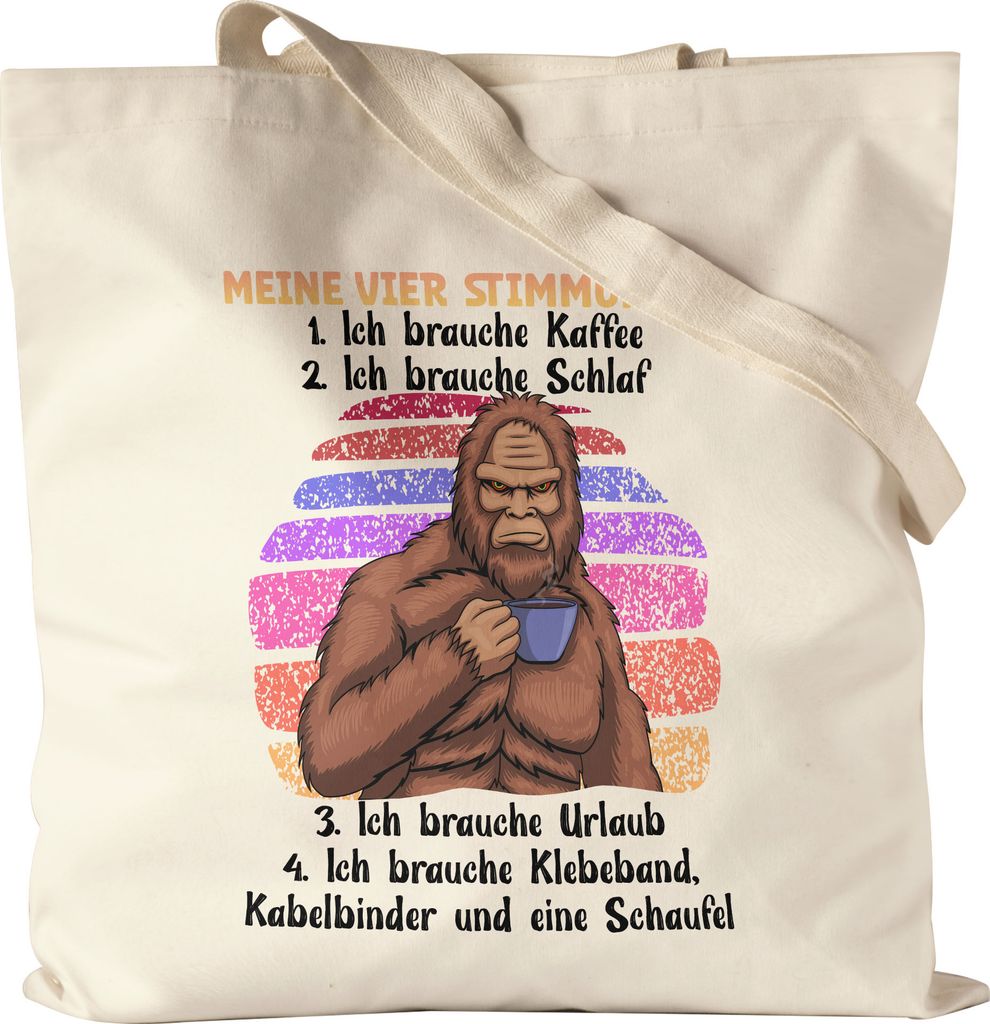 Meine Vier Stimmungen Jutebeutel Stoffbeutel Canvas Kaffee Schlaf Urlaub Klebeband Kabelbinder Schaufel Gorilla Pessimist Leben