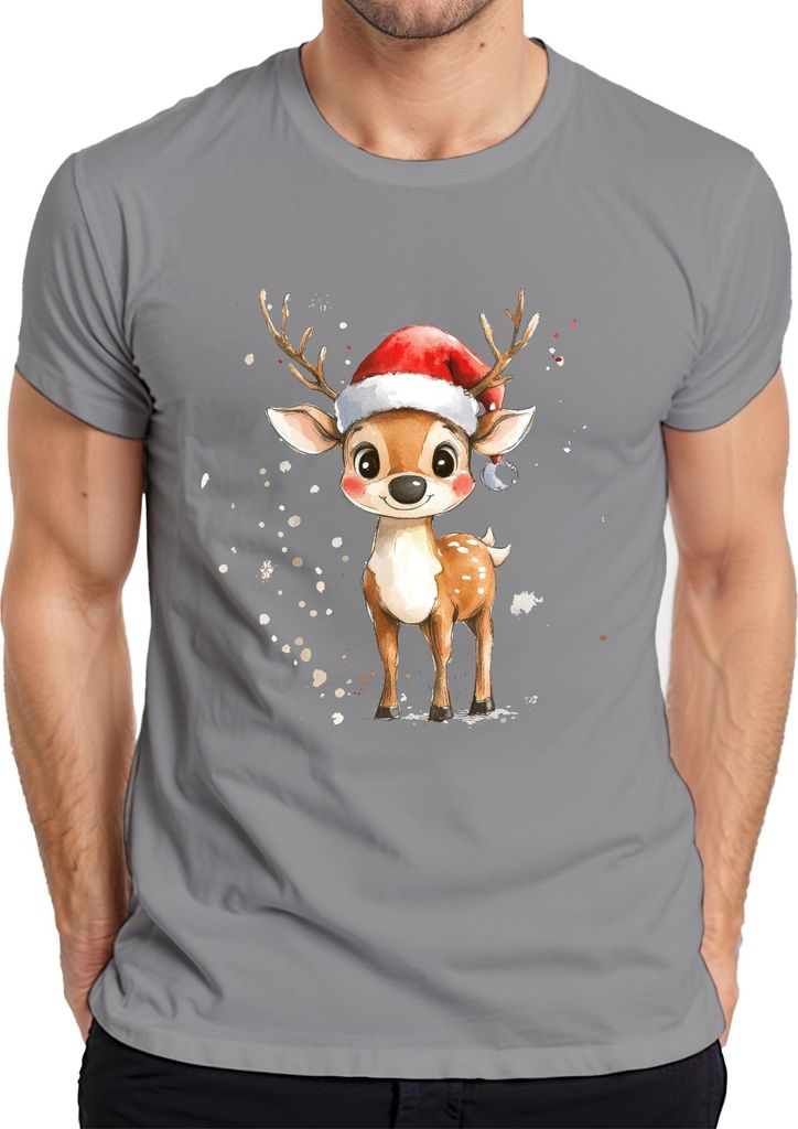 Weihnachtsrentier Aquarell Santa Hut Kinder Geschenk Niedlich Herren T-Shirt, Grau, L