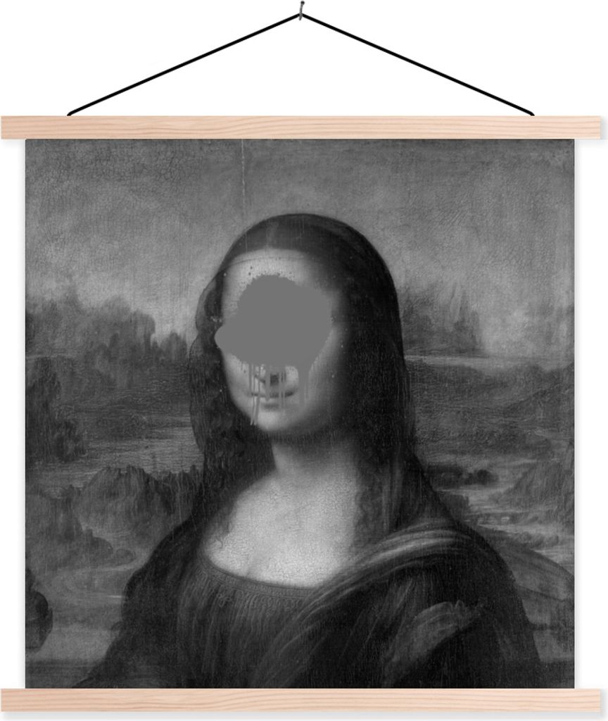 MuchoWow Textilposter Mona Lisa - Leonardo da Vinci - Schwarz - Weiß 120x120 cm mit holzfarbenen Rahmen - Textil-Poster