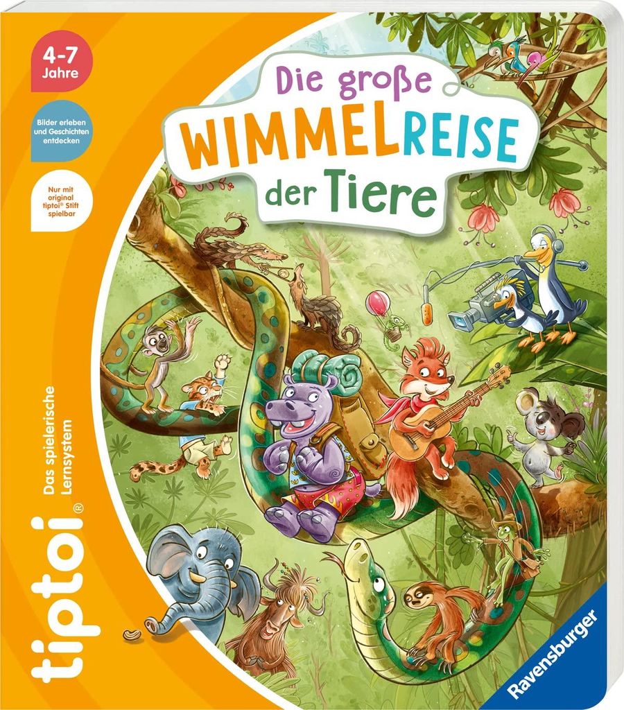 The image shows the packaging of a children's educational game called 'tiptoi® Große Wimmelreise der Tiere'. The packaging features colorful illustrations of various animals in a jungle-like setting, with text and logos.