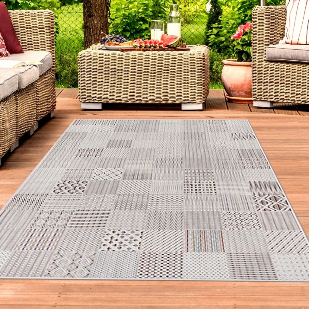In-Outdoor-Teppich Wohnzimmer pflegeleicht wetterfest Fliesen Optik in creme grau Größe - 160 x 230 cm
