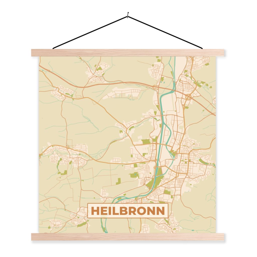MuchoWow Textilposter Stadtplan - Heilbronn - Karte 120x120 cm mit holzfarbenen Rahmen - Textil-Poster