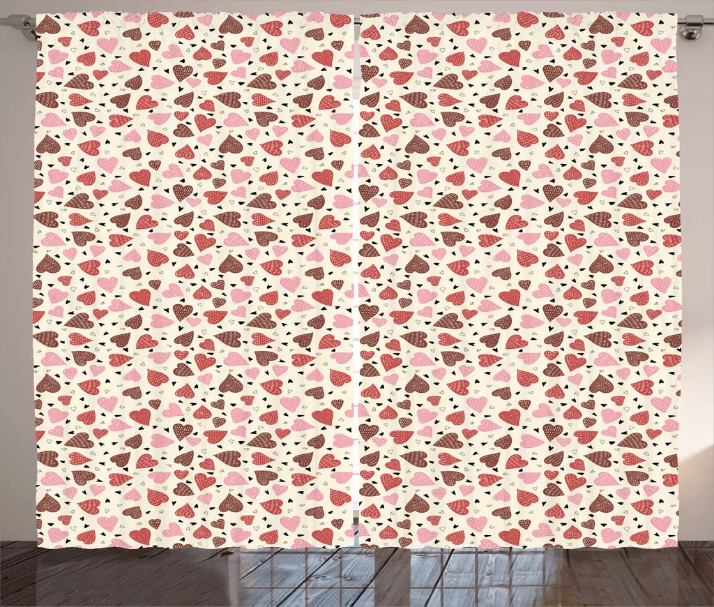 ABAKUHAUS Cuori Tenda rustica, motivi romantici pastello, tenda con passanti e ganci per camera da letto, 280 x 245 cm, multicolore