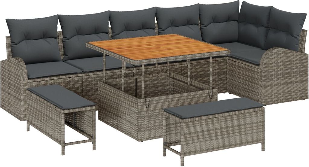 Möbel 9-teiliges Garten Sofa Set mit Kissen Grau Poly Rattan Akazie, 2-Sitzer Garten Sofa mit Stauraum & Kissen Grau Poly Rattan, 3-teiliges Garte...