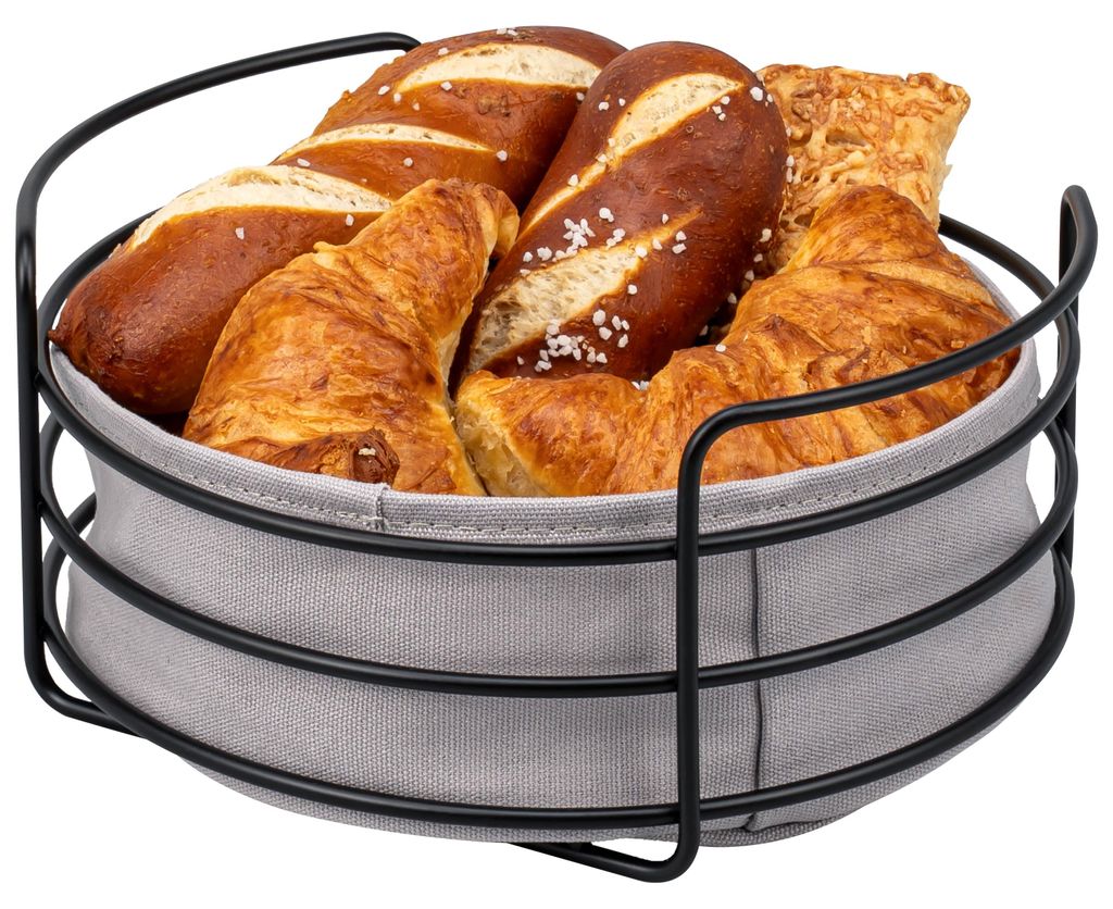 eluno runder Brotkorb - Obstkorb, Obstschale mit abnehmbarem waschbarem Bezug, aus schwarzem Metall