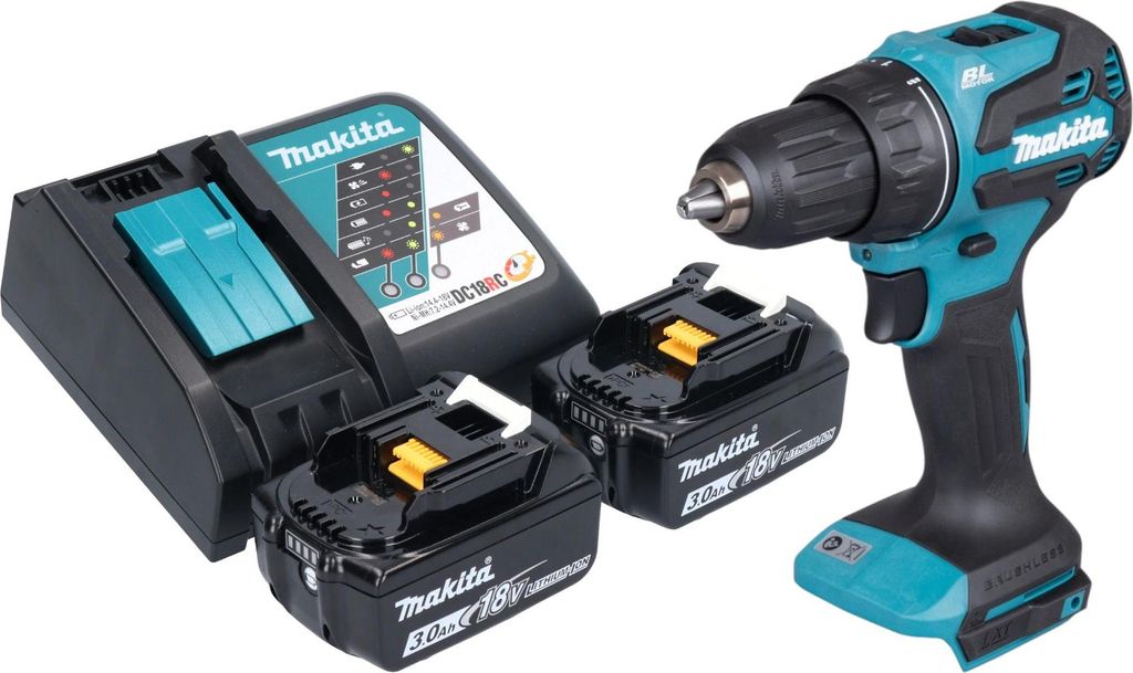 A cordless drill, two batteries, and a charger are displayed against a white background.