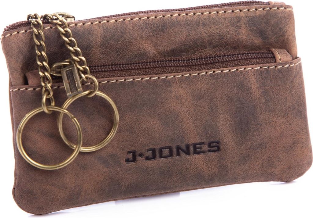 J Jones Schlüsseletui Echtleder Reißverschluss 2 Schlüsselringe Vintage Braun