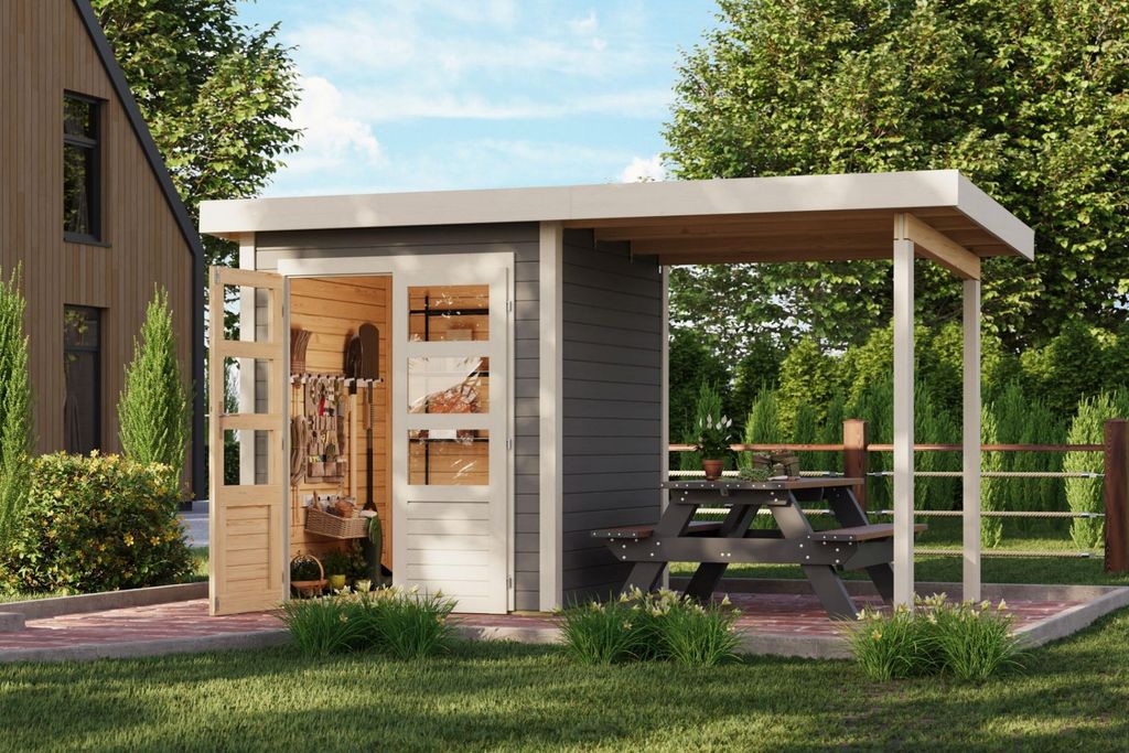 Karibu Gartenhaus Gerätehaus Kolbin 1 XXL terragrau 407x204x244 cm mit extra hoher Tür