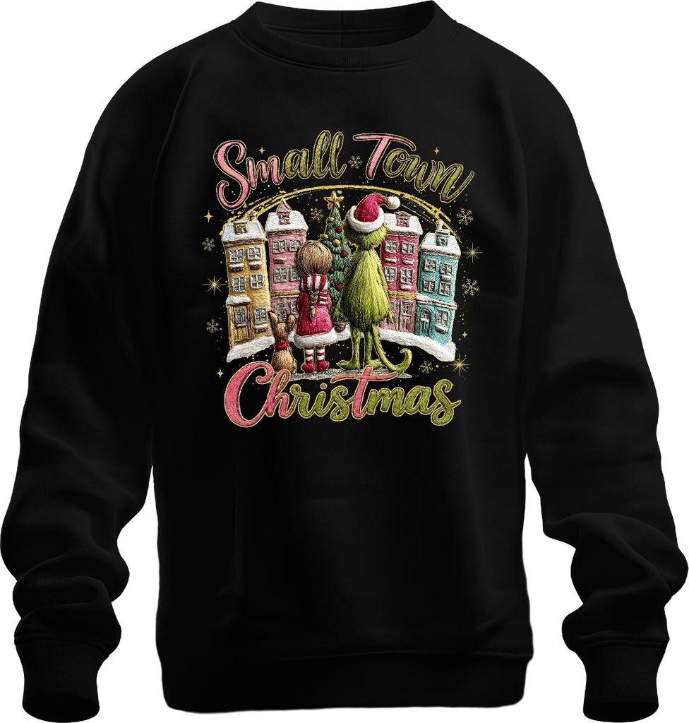 Small Town Christmas Grinch Mädchen Hund Weihnachtsbaum Vintage Uni Sweatshirt Pullover, Schwarz, L