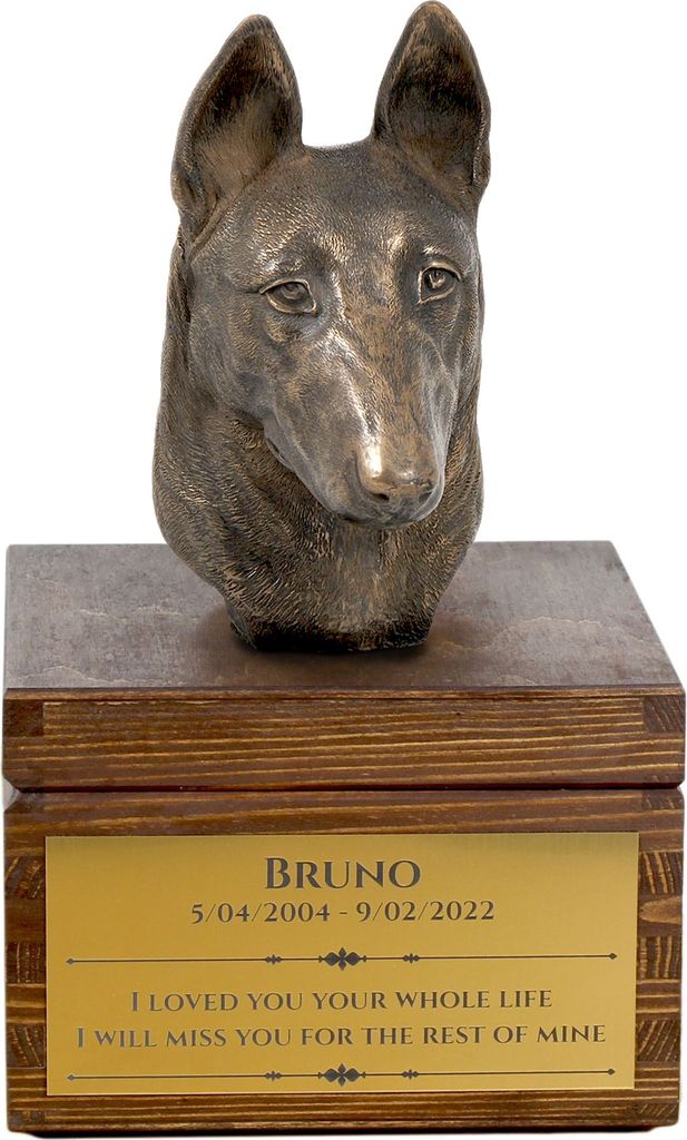 Malinois Belgischer Schäferhund - Eine Ascheurne für Hunde mit einer Statuette, eine kleine Urne für Hunde, eine personalisierte Urne mit dem Po...
