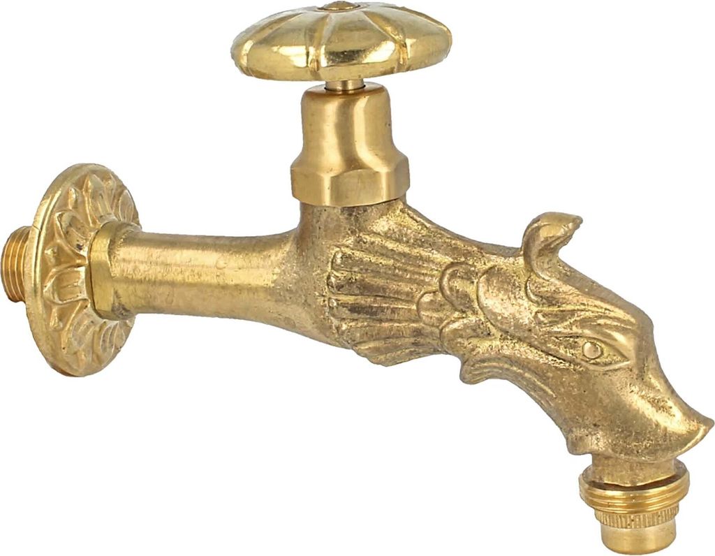 A brass faucet shaped like a dragon's head, mounted on a white background.