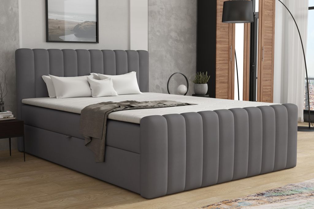 MR GROUP Boxspringbett mit Bettkasten ASTI, 140x200, dunkelgrau, H3, Samtstoff, Polsterbett mit Matratze und Topper Doppelbett Bett für Schlafzimmer
