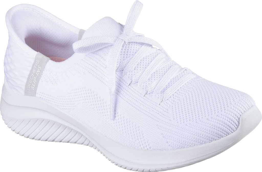 A white Skechers sneaker is shown from the side against a white background.