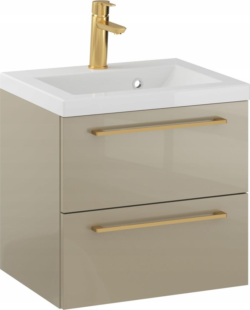 Rosen 50.2 cm Badezimmerschrank in Cappuccino Hochglanz mit Waschbecken und Griffen in Edelstahl gebürstet - Zeitloses Design