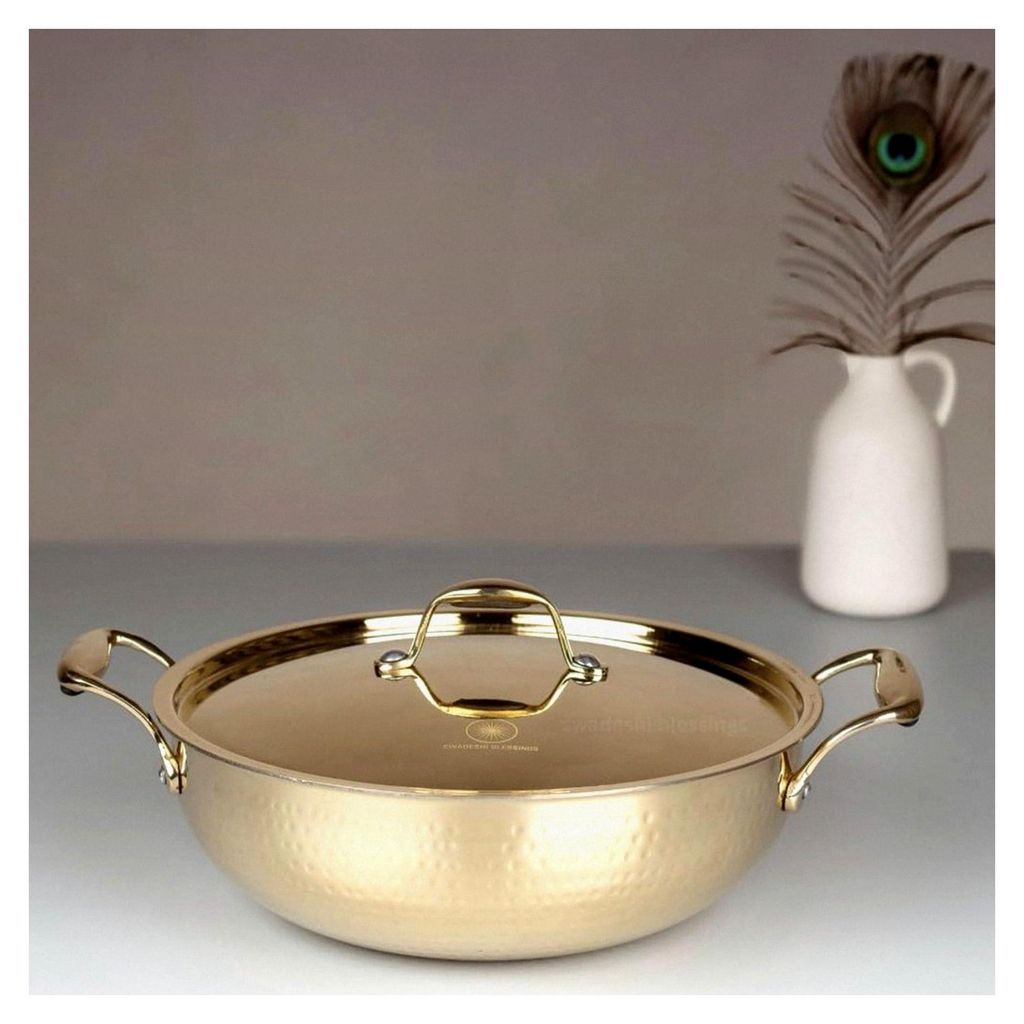 Messing Kadai zum Kochen mit Deckel, Teflonfrei, antihaftbeschichtet mit Zinn (2 Liter)