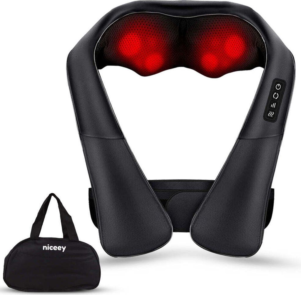 Niceey, Shiatsu Massagegerät, Mit Rückenband, Nacken-und Rückenmassagegerät, Infrarot, mit Tragetasche, Schwarz