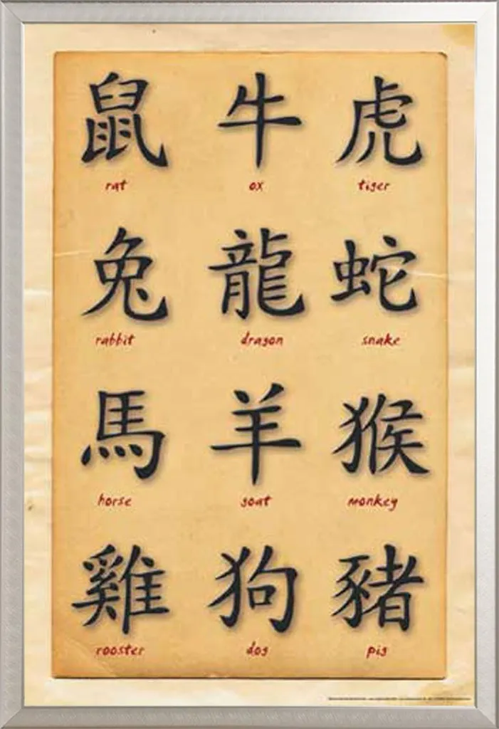 Cadre Mural Argenté avec Poster Zodiaque Chinois : Vitre Incassable Inclus