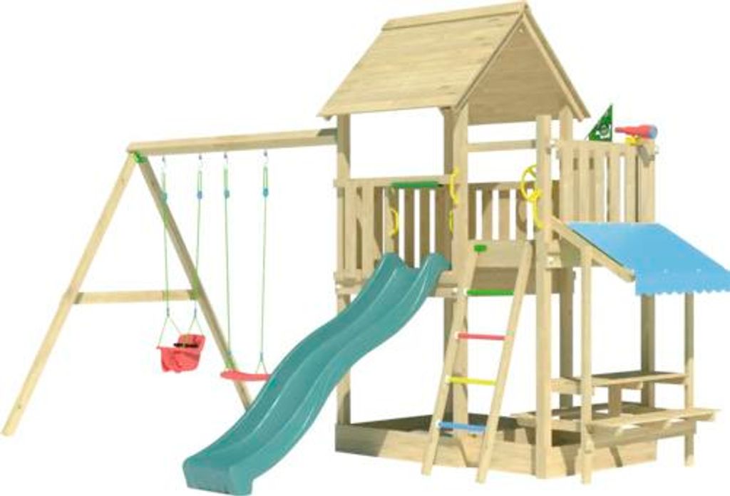 Doppelschaukel Spielhaus mit Stelzen Jungle Gym 476 x 306 cm Holz dunkelgrün