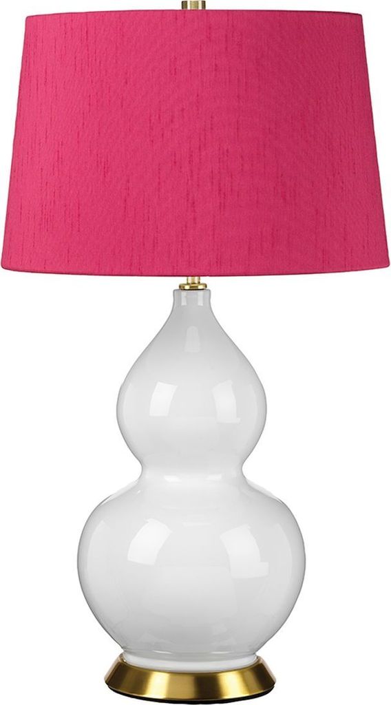 Tischleuchte Stoff Keramik E27 64 cm hoch in Weiß Pink Messing Antik rund Retro Design