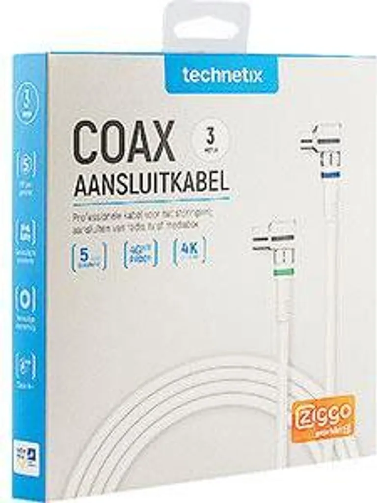 Câble TV 3m pour Support Mural avec Prise Coudée Technetix Blanc - 2