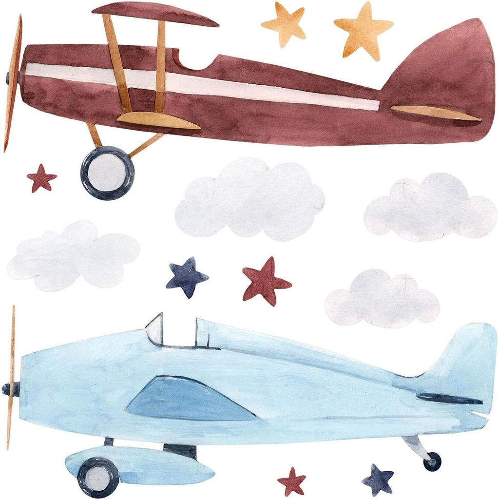Zwei Wolkenflugzeuge– Wanddekor Kinderzimmer – Selbstklebende Wandsticker – Motivtapeten Set – Wandgestaltung – Wandbilder Kinder – 130...