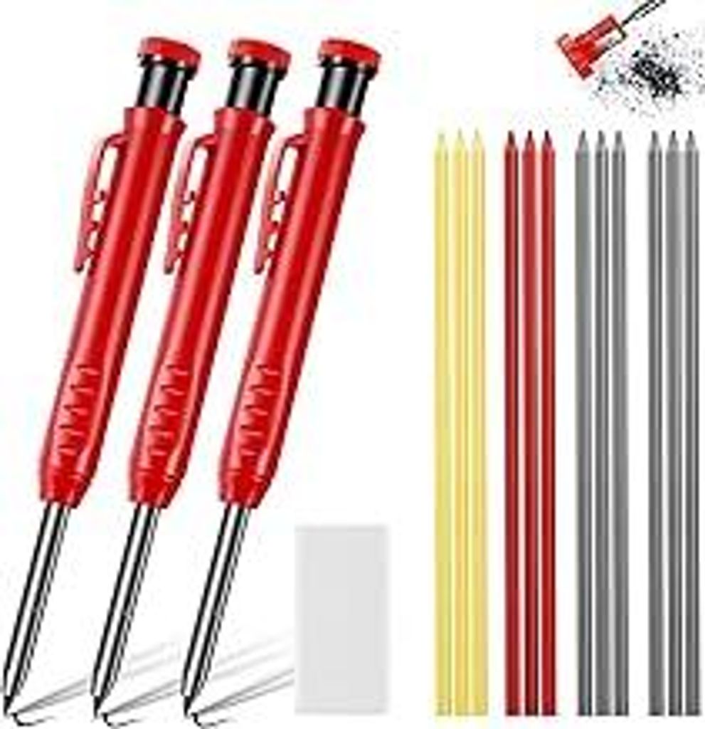 flintronic Baustellenstift, 3 Stück Tieflochmarker mit 15 Bleistiftsminen (Rot Gelb Schwarz) und 1 Radiergummi, Druckbleistiftli, Baustifte Solide...